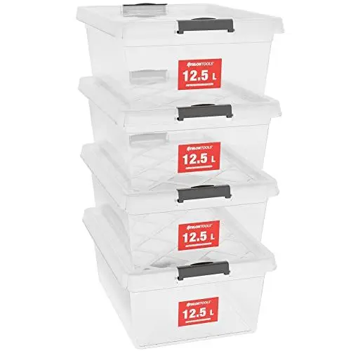 Produktbild: ATHLON TOOLS 4x 12.5 L Aufbewahrungsboxen mit Deckel, lebensmittelecht - Verschlussclips - 100% Neumaterial Plastik-Box transparent - Kleiderboxen stapelbar…