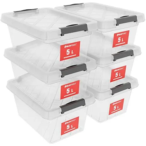 Produktbild: ATHLON TOOLS 6x 5 L Aufbewahrungsboxen mit Deckel, lebensmittelecht - Verschlussclips - 100% Neumaterial Plastik-Box transparent - Kleiderboxen stapelbar…