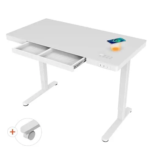 Produktbild: ATLASIO Elektrisch höhenverstellbarer Schreibtisch 120x60 cm mit Wireless Charger & Timer Funktion SHD3 (2024), Computertisch höhenverstellbar, Touchpad & USB, mit Rollen, weiß