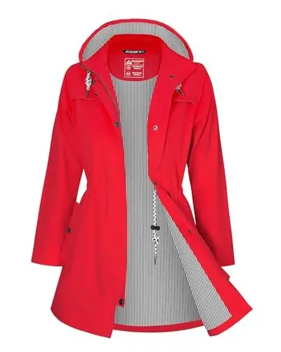 Produktbild: ATLASLAVA Regenjacke Damen Lang Wasserdicht Kapuze Regenmantel übergangsjacke Trenchcoat Outdoor Mantel Rot L