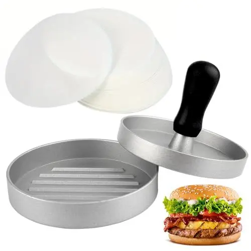 Produktbild: Atliberswo Burgerpresse mit 50 Backpapieren, Burger Pattie Presse für die Herstellung von BBQ, Backen, gefüllten Hamburgern, Rindfleischburgern