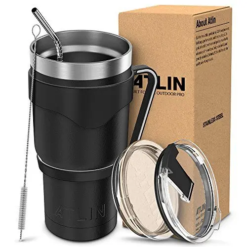 Produktbild: Atlin-Becher (30 oz. Doppelwandige Edelstahl-Vakuumisolierung) – Schwarzer Reisebecher (Kristallklarer Deckel) Wasser Kaffeetasse (Stroh + Griff enthalten) Eisgetränk, Heißgetränk