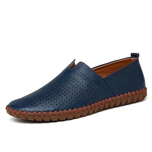 Produktbild: Atmungsaktive Herren Slip-On Loafers Casual Walking Schuhe Lightweight Driving Flat Shoes Echtes Leder Soft Comfy Mokassin für Männer（Blau-1,46 EU