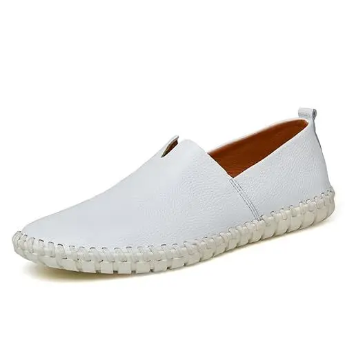 Produktbild: Atmungsaktive Herren Slip-On Loafers Casual Walking Schuhe Lightweight Driving Flat Shoes Echtes Leder Soft Comfy Mokassin für Männer（Weiß,44 EU
