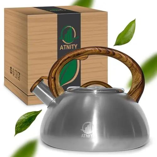 Produktbild: ATNITY Wasserkessel 2,3L - Stilvoller Flötenkessel aus Edelstahl für Elektroherd und Gasherd - Teekesssel mit Holzoptik Griff - Eleganz und Funktionalität in einem