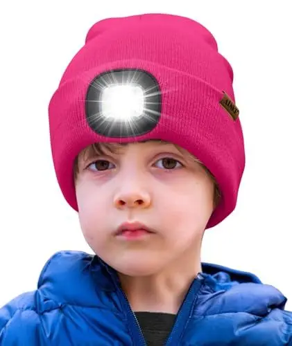 Produktbild: ATNKE Kids LED Beleuchtete Mütze mit Licht,Wiederaufladbare USB 4 LED Laufmütze Extrem Heller Lampe Winter Warme Stricken Mütze Großartig Geschenke für Jungen und Mädchen/Rose Red