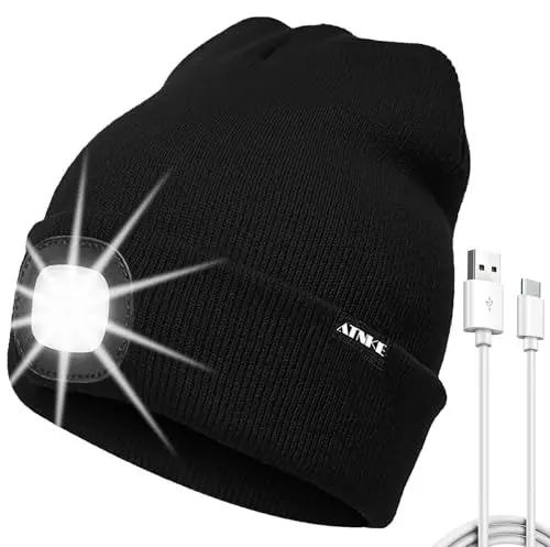 Produktbild: ATNKE LED Mütze mit Licht, USB Typ C Wiederaufladbare 4 LED Beleuchtete Laufmütze Extrem Heller Lampe Winter Warme Stricken Mütze für Herren und Damen Geschenke/Black