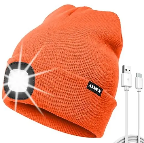 Produktbild: ATNKE LED Mütze mit Licht, USB Typ C Wiederaufladbare 4 LED Beleuchtete Laufmütze Extrem Heller Lampe Winter Warme Stricken Mütze für Herren und Damen Geschenke/Bright Orange