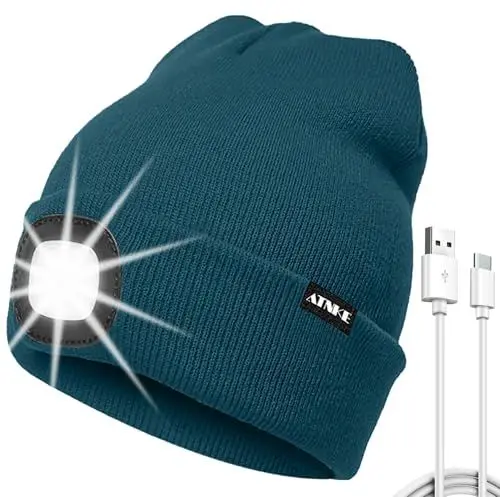 Produktbild: ATNKE LED Mütze mit Licht, USB Typ C Wiederaufladbare 4 LED Beleuchtete Laufmütze Extrem Heller Lampe Winter Warme Stricken Mütze für Herren und Damen Geschenke/Olive Green