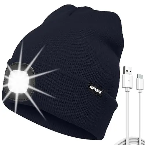 Produktbild: ATNKE LED Mütze mit Licht, USB Typ C Wiederaufladbare 4 LED Beleuchtete Laufmütze Extrem Heller Lampe Winter Warme Stricken Mütze für Herren und Damen Geschenke/Navy