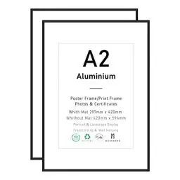 Produktbild: ATOBART A2 Zertifikatsrahmen aus schwarzem Aluminium, 2er-Pack Posterrahmen mit Plexi-glass front, 42 x 59 cm Foto-Bilderrahmen zur Wandmontage, 2er-Set