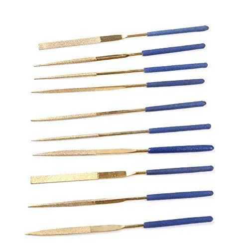 Produktbild: ATOPLEE Mini-Diamant-Nadelfeilen-Satz, 10 Stück 3x140mm Titanium beschichtete Diamantfeilen für Metall Glas Holz Stein Schmuck, umfasst rund, halbrund, dreieckig, quadratisch, flach, Warding Form