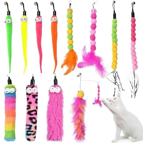Produktbild: atopo 12 Stück Katzenangel Ersatz mit Glöckchen katzenangel Federn Katzenspielzeug Würmer Katzenspielzeug Interaktive Katzenzubehör für Kätzchentraining