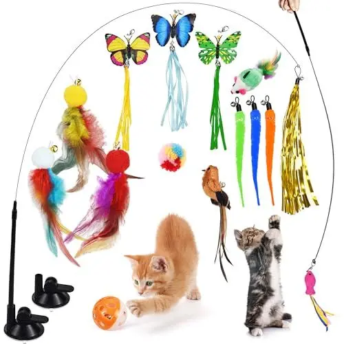 Produktbild: atopo 19 Stück Katzenspielzeug Katzenangel mit Saugnapf Interaktives Katzenspielzeug für Katzen mit Federn-Katzenminze- Katzenspielzeug Selbstbeschäftigung Katzenspielzeug Federn