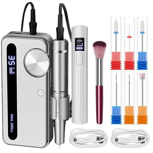 Produktbild: Atopskins Elektrischer Nagelbohrer Kit 7 in 1 mit Handheld U V Nagellampe 35000 RPM Kabellose Maniküre für Acryl Gel Werkzeug 3000mAh Wiederaufladbar Efile Nagelschleifer Maschine LCD-Anzeige Grau