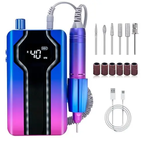 Produktbild: Atopskins Elektro-Nagelbohrer 6 in 1 40000RPM Schnurloses Maniküreset für Acryl-Gel 4000mAh Wiederaufladbarer Efile-Nagelschleifer Geschwindigkeit Einstellbar Professionelles Nagelwerkzeug LCD Lila