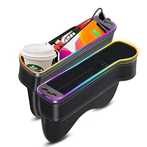Produktbild: ATOVANKA 2 Stück Auto Aufbewahrungsbox, Leder Autositz Organizer mit USB-Anschluss, Auto Organizer Mittelkonsole mit 7-Farbigen Led Litch, Autositz Lückenfüller Mit Auto Getränkehalter