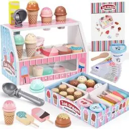 Produktbild: Atoylink Eisdiele Eisladen Eis Holzspielzeug Geschenke Mädchen 3 4 5 6 Jahren Eiscreme Einkaufsladen Kinderküche Zubehör mit Spielgeld, Eistheke Eisverkauf Kaufmannsladen Zubehör Holz Geschenk Mädchen