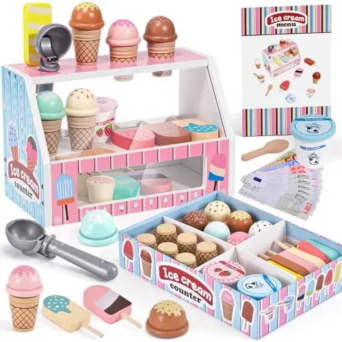 Produktbild: Atoylink Eisdiele Eisladen Eis Holzspielzeug Geschenke Mädchen 3 4 5 6 Jahren Eiscreme Einkaufsladen Kinderküche Zubehör mit Spielgeld, Eistheke Eisverkauf Kaufmannsladen Zubehör Holz Geschenk Mädchen