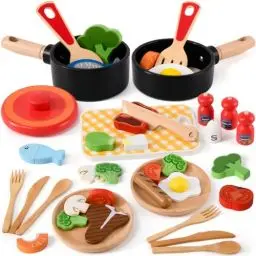Produktbild: Atoylink Spielküche Zubehör Lebensmittel Holz Kinderküche Zubehör Holzspielzeug Puppengeschirr Kochtopf Küche Rollenspiele Küchenzubehör Kinder Spielzeug Geschenk Jungen Mädchen ab 3 4 5+ Jahre