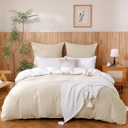 Produktbild: ATsense Bettwäsche 135x200 Baumwolle 4teilig, Beige Bettwäsche-Sets 100% Gewaschene Baumwolle mit Leinen Textur, Oeko-TEX für Allergiker 2 Bettbezug mit 2 Kissenbezüge 80x80 cm