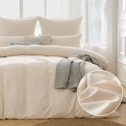 Produktbild: ATsense Bettwäsche 135x200 Baumwolle Gestreift - 4teilig Bettwäsche-Sets Beige, Öko-Tex Zertifiziert Hypoallergen Atmungsaktiv, 2 Bettbezug 135x200 und 2 Kissenbezüge 80x80