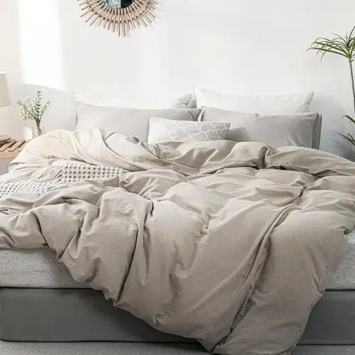 Produktbild: ATsense Bettwäsche 135x200 cm Baumwolle 2teilig, Bettwäsche-Sets Beige ÖkoTex-Zertifizierte mit Leinenartigem Griff, Atmungsaktiv, 1 Bettbezug und 1 Kissenbezug 80x80 cm