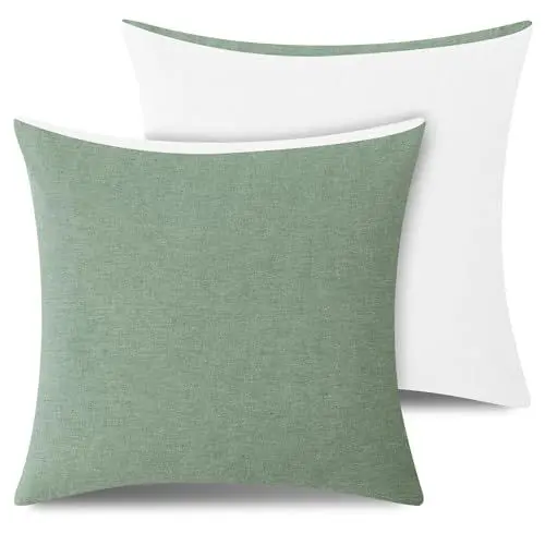 Produktbild: ATsense Kissenbezug 40x40 Grün, Kissenbezüge 2er 100% Gewaschene Baumwolle mit Leinen Textur, Kopfkissenbezug ÖkoTex Zertifiziert & für Allergiker Geeignet, Atmungsaktiv und Weich