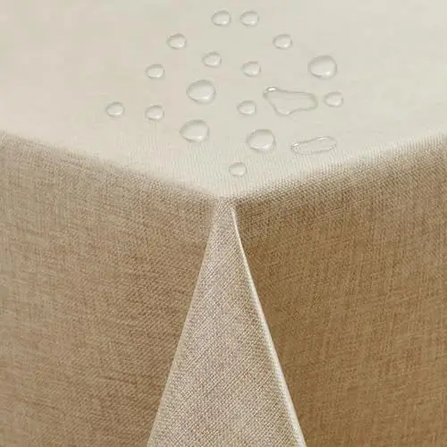 Produktbild: ATsense Tischdecke Abwaschbar Beige, Abwischbare Tischdecken Wasserabweisend Lotuseffekt, Fleckabweisend Table Cloth Leinenoptik, Tischtuch 140x200 cm Rechteckig