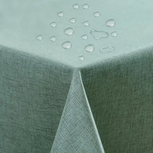 Produktbild: ATsense Tischdecke Abwaschbar Grün, Abwischbare Tischdecken Wasserabweisend Lotuseffekt, Fleckabweisend Table Cloth Leinenoptik, Tischtuch 140x220 cm Rechteckig