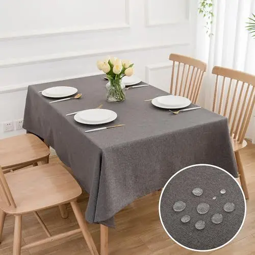 Produktbild: ATsense Tischdecke Abwaschbar Leinen Optik, Tischdecken Outdoor in Gunkelgrau, Wasserabweisend Schmutzabweisend, Bügelfrei, Leinendecke Tischtuch Rechteckig 140x220 cm