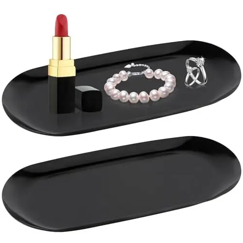 Produktbild: ATSGJLZN 2 Stück Deko Tablett Schwarz,Tablett Klein Servierplatte aus Edelstahl,Dekoschale Ablageschale Dessertteller für Kosmetik Schmuck Kerzen(23 x 9.5 cm)