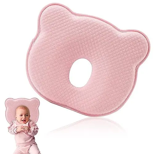 Produktbild: ATSGJLZN Babykissen, Kopfkissen Baby Babykissen Gegen Plattkopf Baby Kissen Kopfverformung 100% Baumwolle, kinderkopfkissen Memory Schaum für 0-12 Monate Neugeborene Rosa