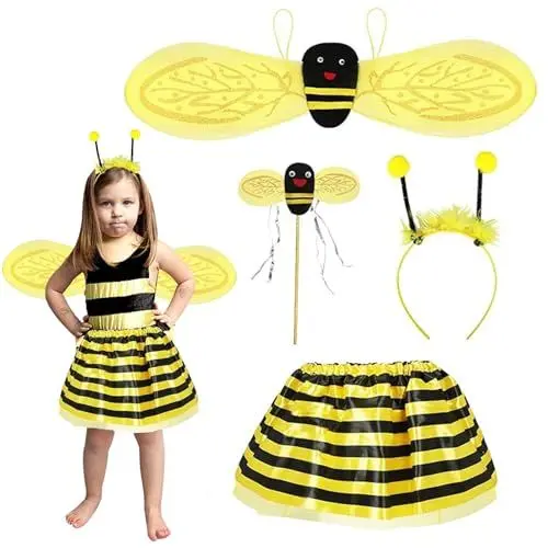 Produktbild: ATSGJLZN Bienenkostüm Kinder,4er Biene Maja Kostüm mit Bienen Flügel Zauberstab Haarreif,Faschingskostüme Kinder Mädchen Rollenspielen