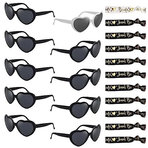 Produktbild: ATSGJLZN JGA Brille Team Braut Armbänder,10er Partybrillen+11er Armband Set, Herz Sonnenbrille Jga Accessoires für Frauen Junggesellenabschied Frau Bride to be Deko Schwarz
