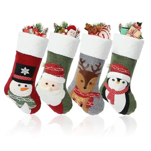 Produktbild: ATSGJLZN Nikolausstrumpf,4er Weihnachtsstrumpf 49 * 25cm,Nnikolausstiefel mit 3D Christmas Decorations Weihnachtssocken zum Aufhängen & Befüllen Weihnachtsdeko