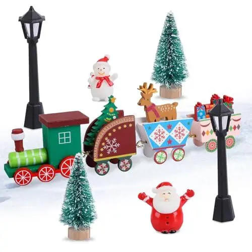 Produktbild: ATSGJLZN Wichtel Zubehör Weihnachten,7 Stück Wichteltür Zubehör Wichteltür Set Mini Weihnachtsbaum Straßenlampe Christmas Tree Train Schneemann Weihnachtsdeko