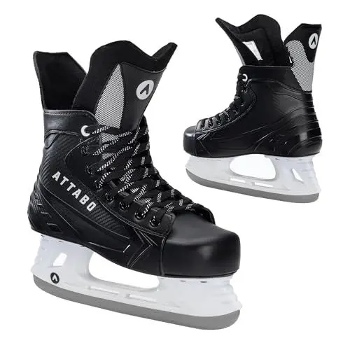 Produktbild: ATTABO Hockey Schlittschuhe Herren in Schwarz Größe 46 EU Eishockey Schlittschuhe mit Schnürung Eislaufschuhe Herren mit Edelstahlklinge Ice Skates Für Anfänger bis 100 kgKomfortabel und Warm