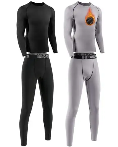 Produktbild: ATTIQOZI 2 Pack Thermounterwäsche Kinder Fussball Warm Skiunterwäsche Lange Kinder Innenflleece Funktionsunterwäsche Sets Sportunterwäsche Jungen für Fussball Ski und Training Schwarz/Grau XL