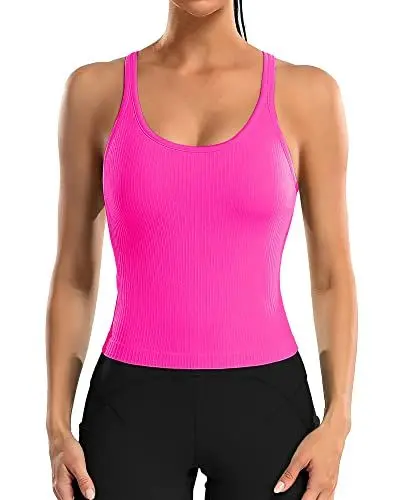 Produktbild: Attraco Damen Tanktops Sport Top mit Built-in BH Ärmelloses Workout Crop Top Racerback Yoga Atmungsaktives Shirts Sportshirt Running T-Shirts Hot Pink XL