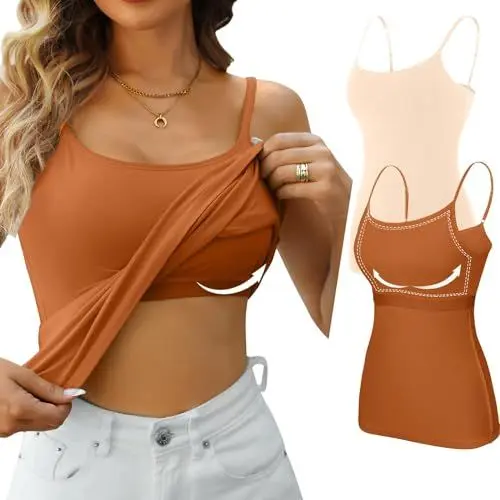 Produktbild: Attraco Damen Unterhemd mit Regal-BH Baumwoll Trägershirt Spaghetti Top Verstellbaren Spaghettiträger Trägertop Nude/Terrakotta L