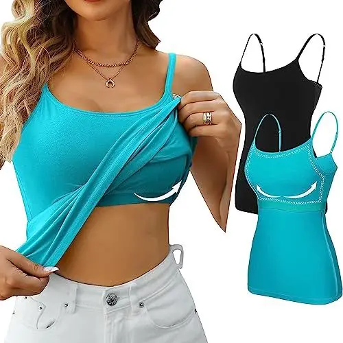 Produktbild: Attraco Damen Unterhemden mit Regal-BH Longshirt Basic Damen Top Baumwolle Bauchweg Tops Cami Camisole Tank Top für Frauen Grün/Schwarz 2XL