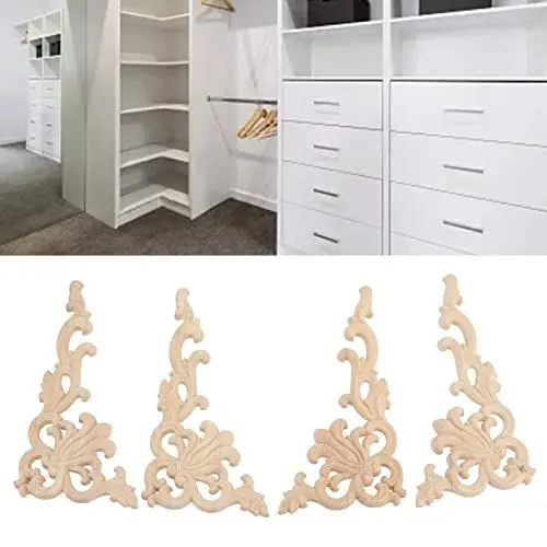 Produktbild: Atyhao 4 Stück Holz Geschnitzte, Servierplatten Platten & Tabletts Applikationen, Zierleisten, Holzecken, Onlay-Rahmen, Blumenmuster, Holzschnitzerei, Aufkleber für Möbel, Haustür, Schrank