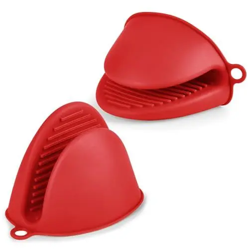 Produktbild: AUAUY 1 Paar Silikon Ofenhandschuhe Verdicken, Mini-Ofenhandschuh Anti-Rutsch Hitzebeständige Silikon Topflappen, Mini Ofen Mitts, wasserdichte Topfhandschuhe zum Backen Kochen BBQ Grillen (Rot)