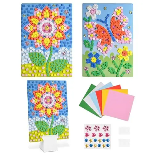 Produktbild: AUAUY Mosaik-Set für Kinder, Sonnenblume+Schmetterling Sticky Mosaics Travel Pack, DIY Diamanten Mosaike Glitter Moosgummi Mosaik-Bild, Kinder Bastelset Geschenke für Mädchen Jungen Basteln ab 4 Jahre