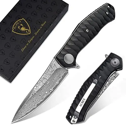 Produktbild: AUBEY Damast Taschenmesser mit Clip, Scharf Damastmesser Klappmesser mit Damaststahl Klinge, Flipper, Aluminium Griff, Geschenkbox - EDC Messer Einhandmesser für Outdoor Sammeln