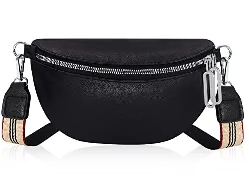 Produktbild: Aucenix Bauchtasche Damen Crossbody Bags - Gürteltasche Handtasche mit Breiter Gurt für Mädchen, Mode Hüfttasche mit verstellbarem Riemen, Stylisch Crossbag mit Premium PU Leder (Schwarz)