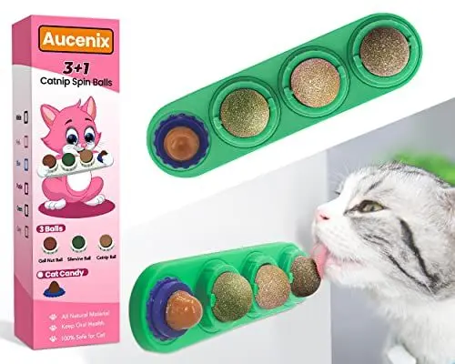 Produktbild: Aucenix Katzenminze Ball, 4 Stück Natürliche Spielzeug für Katzen Lecken, Drehbare Zahnreinigung Dental , für Kätzchen (Grün)