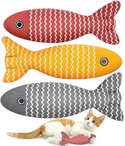 Produktbild: Aucenix Katzenminze Kissen für Katzen - 3Pcs Katzenspielzeug Interaktives Fish Catnip Toys Set mit Katzenminzebeutel, Plüsch Kissen weich und haltbar für Haustier Zahnen, Kauen, Spielen