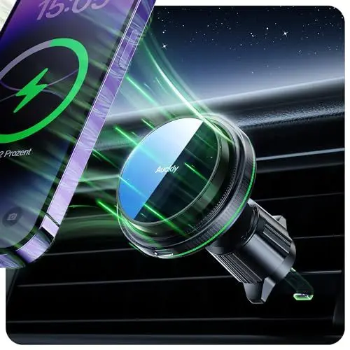 Produktbild: Auckly 15W Autohalterung mit Ladefunktion,<strong>Lüfter Schnellladen:</strong>  Qi Wireless Car Charger KfZ Magnet Handyhalterung für iPhone 15 14 13 12 11 Pro Max Mini Plus<strong>Grünes Licht+ Haken:</strong> (A29-Green)